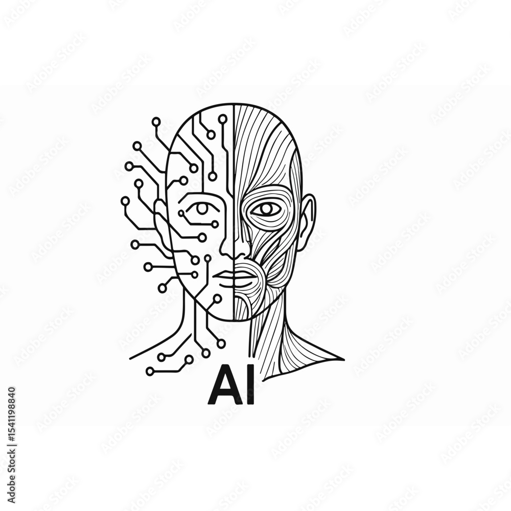 Poster artificial intelligence concept half human face with muscle structure and half circuit board represe