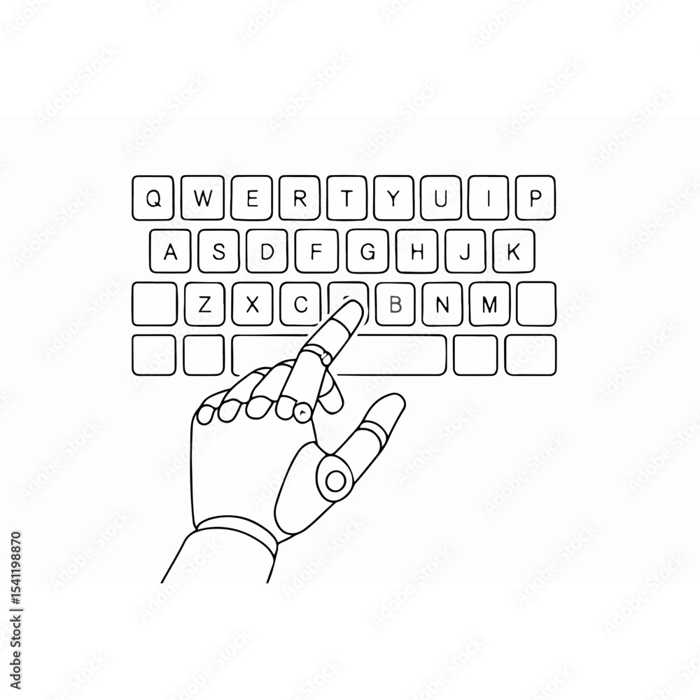 Aufkleber robotic hand interacting with a qwerty keyboard in a minimalist black and white line art style illus