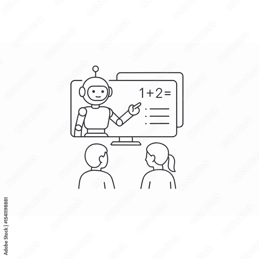 Poster robot teacher instructing students on a computer screen with a simple math problem depicting the fut
