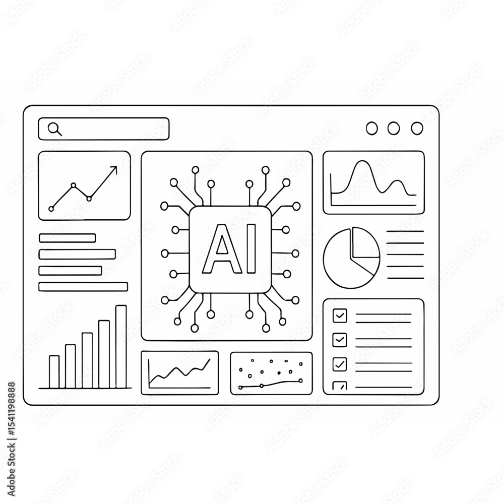 Poster artificial intelligence dashboard interface with data visualization charts graphs search bar and che