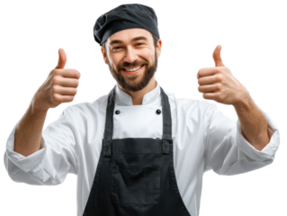 Chef's Culinary Approval: A smiling chef, donning a classic toque and apron, enthusiastically gives a double thumbs-up, embodying expertise and culinary confidence.
