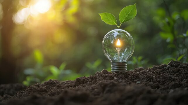 A light bulb with a green leaf growing out of it, placed on a soil mound with a blurred green background.