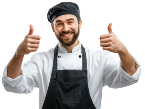 Chef's Culinary Approval: A smiling chef, donning a classic toque and apron, enthusiastically gives a double thumbs-up, embodying expertise and culinary confidence.