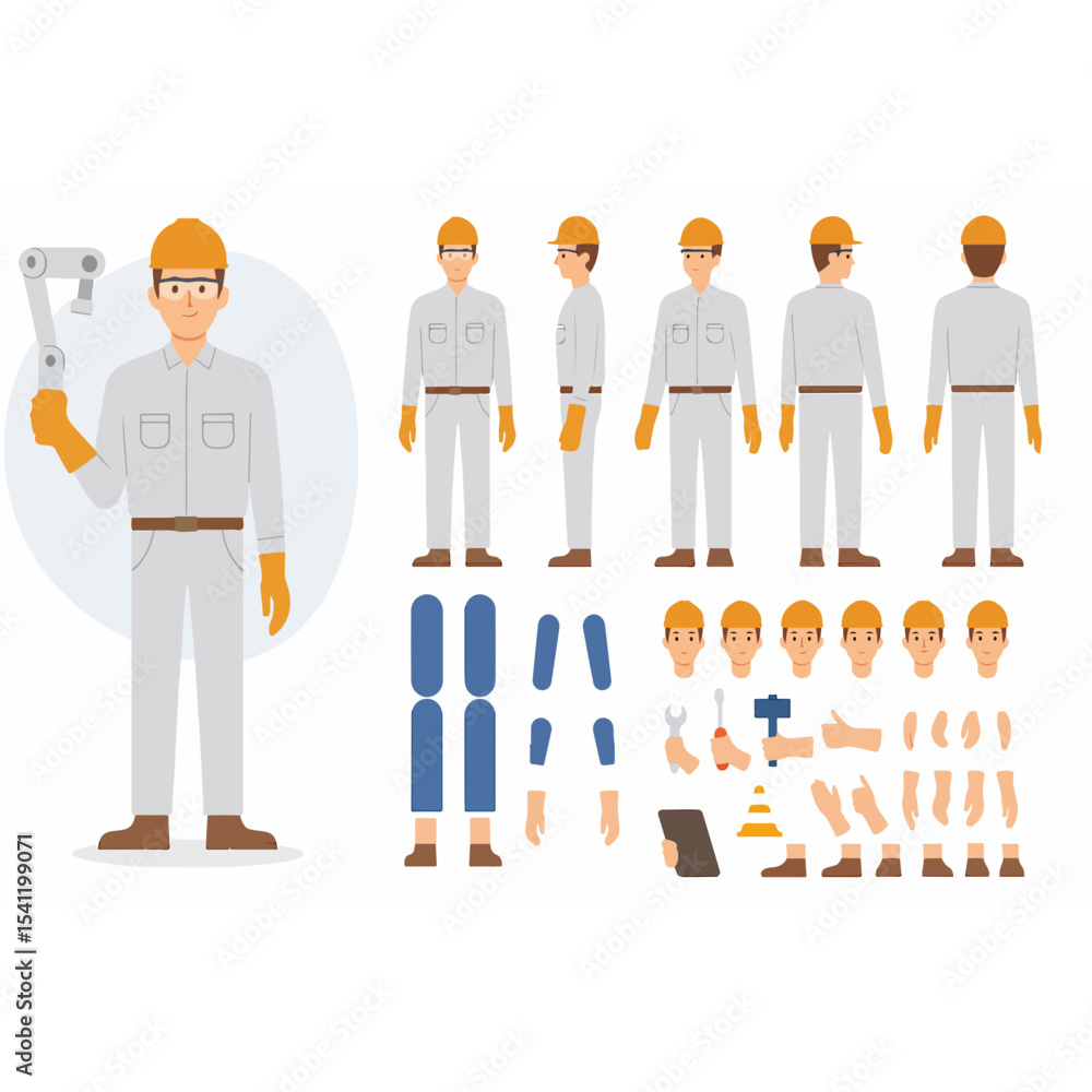 Poster cartoon illustration of a construction worker character with interchangeable parts and poses for ani