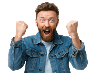 Overjoyed Expression: A man's face bursts with uncontainable happiness and excitement, his eyes wide with delight as he clenches his fists in a gesture of triumph.