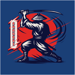 Silhouette of a Ninja Warrior with Katana and Conical Hat against Red Sun