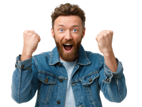 Overjoyed Expression: A man's face bursts with uncontainable happiness and excitement, his eyes wide with delight as he clenches his fists in a gesture of triumph.