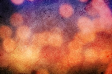 Warm orange red and pink bokeh lights and grunge texture are merging on distressed flat design