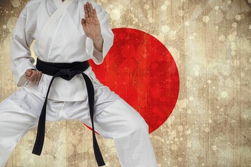 Midsection of martial artist practicing against Japanese Flag © vectorfusionart