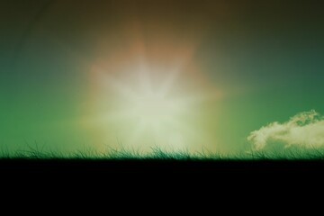 Bright sun is rising over grassy horizon in flat design, with cloud and green gradient sky © vectorfusionart
