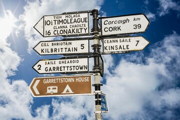 Close-up of sign posts with text