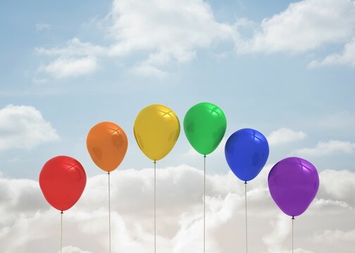 Fototapeta Six rainbow balloons are floating in flat design sky with scattered cumulus and wispy clouds