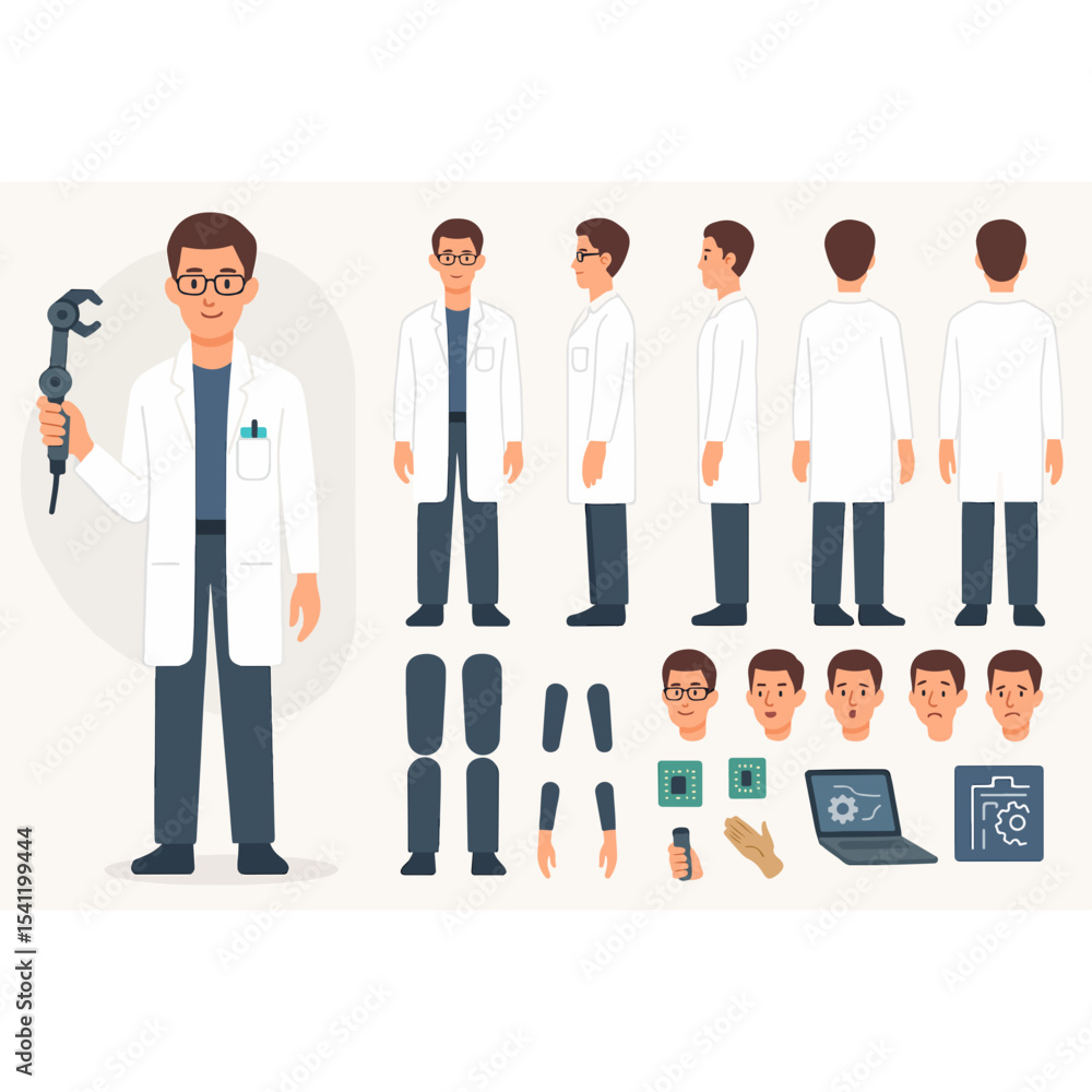 Poster character design sheet of a robotic engineer or scientist with different views expressions and robot