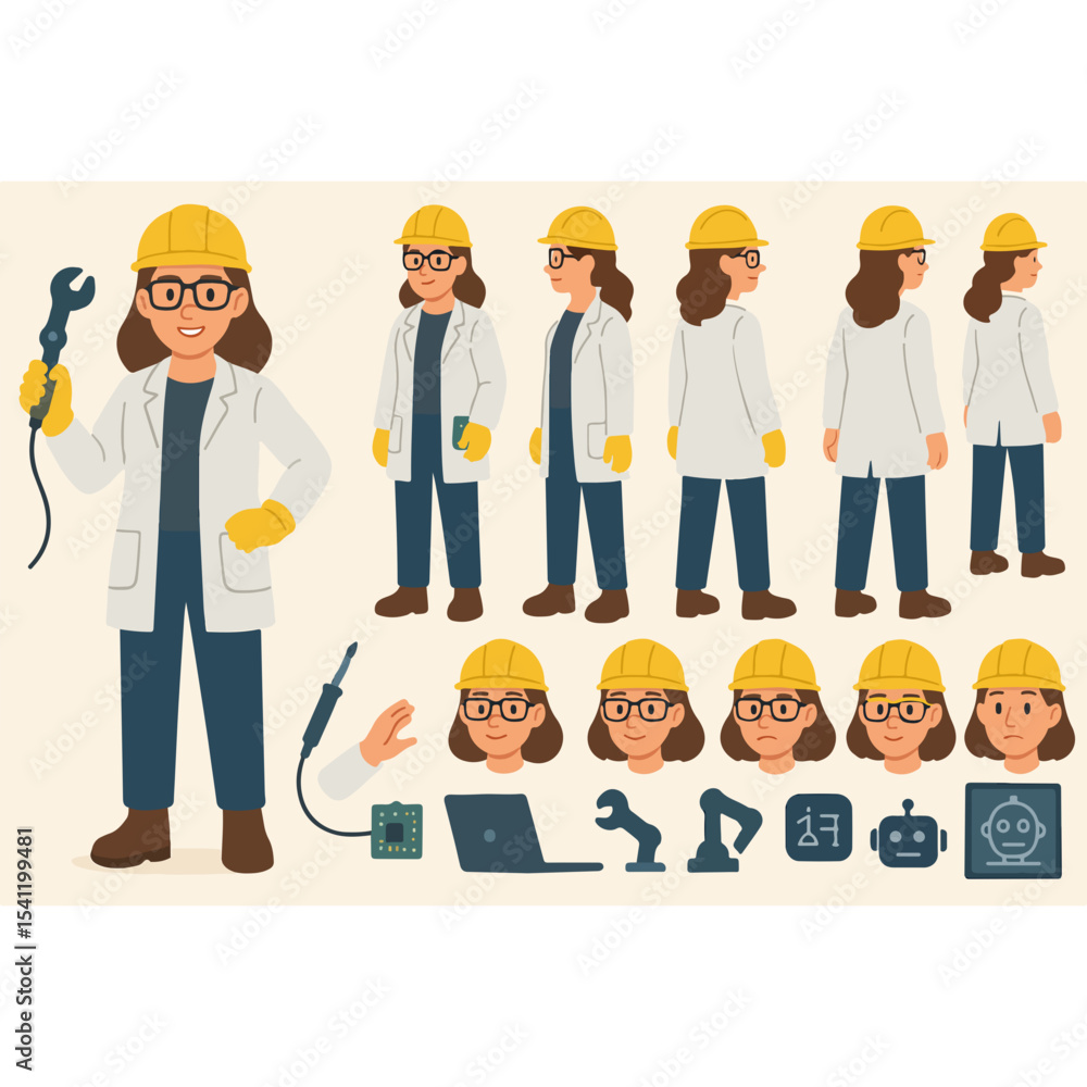 Poster cartoon engineer character sheet with poses expressions and tools for animation and design featuring