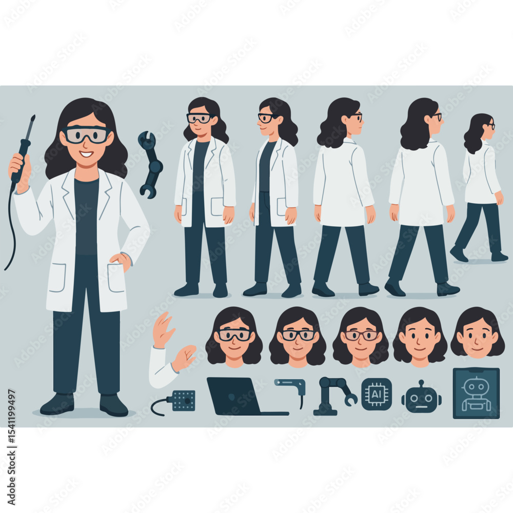 Poster illustration of a female scientist or engineer character with various poses expressions and technolo