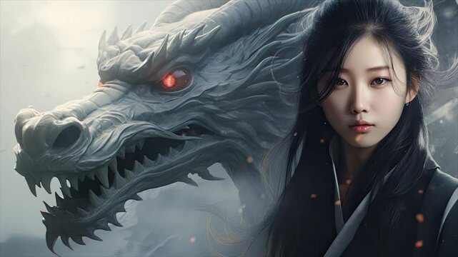 Chinese girl with dragon in painting style