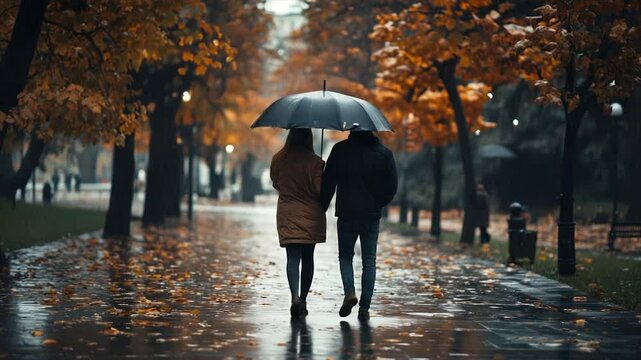 Couple walking hand-in-hand under umbrella on rainy autumn path