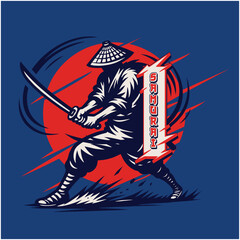 Silhouette of a Ninja Warrior with Katana and Conical Hat against Red Sun