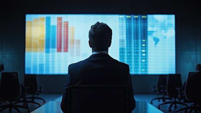 Businessman in suit observing financial data presentation on a large screen during a corporate meeting 
