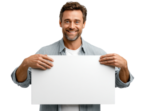Smiling Man Holding Blank Sign: A friendly, middle-aged man with a broad smile holds a large blank white sign, offering versatile advertising space.