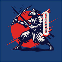 Silhouette of a Ninja Warrior with Katana and Conical Hat against Red Sun
