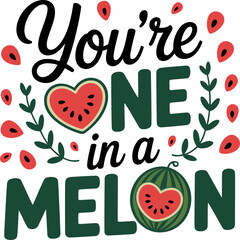 Cute Cat in Watermelon with "You're One in a Melon" Pun – Kawaii Fruit Illustration