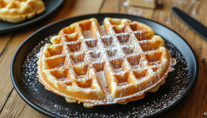 Brussels waffle with icing sugar on a black pla