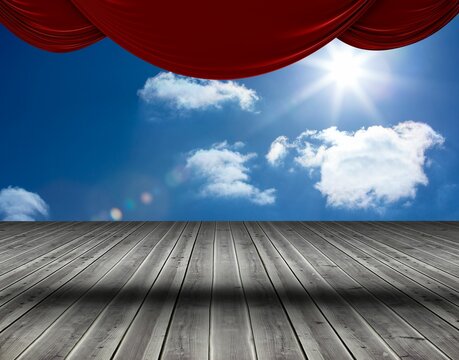 Fototapeta Flat illustration is showing wooden plank stage floor with red velvet drapes, sun and clouds