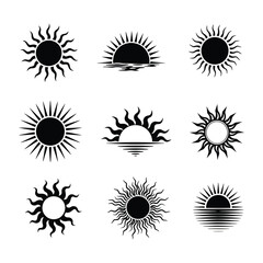 Fototapeta premium Sun Icon Set – 9 Sunrise Silhouette Solar Symbols Clipart Collection .