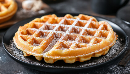 Brussels waffle with icing sugar on a black pla