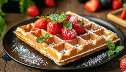 Brussels waffle with icing sugar on a black pla