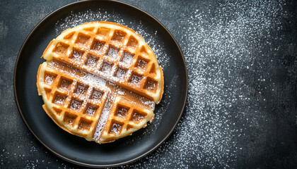Brussels waffle with icing sugar on a black pla