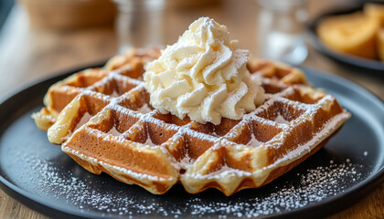 Brussels waffle with icing sugar on a black pla