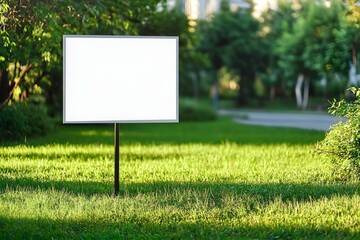 High-Resolution Blank White Yard Sign Placed Upright on Green Grass Lawn