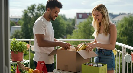 Happy Couple Unpacking Groceries on Balcony, Enjoying Healthy Lifestyle