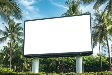 Blank Billboard Positioned Amid Tropical Foliage and Sunlit Coastal Environment