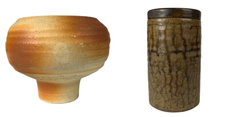 Gallery exhibition close-up of artistic ceramic vessels and pottery craft in focus