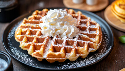 Brussels waffle with icing sugar on a black pla
