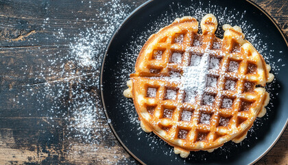 Brussels waffle with icing sugar on a black pla