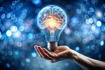 Hand holding Light bulb with glowing brain concept representing innovative ideas and creativity