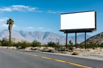 Blank Billboard Standing Along Desert Highway Framed by Majestic Mountain Backdrop