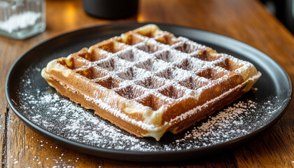Brussels waffle with icing sugar on a black pla