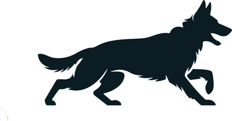 A silhouette of a running german shepherd dog with its mouth open on a white background image view