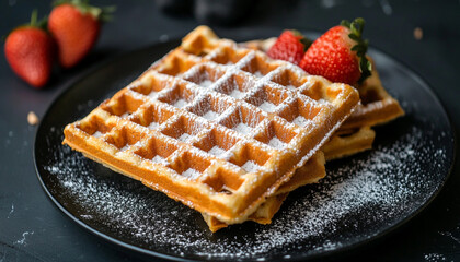 Brussels waffle with icing sugar on a black pla