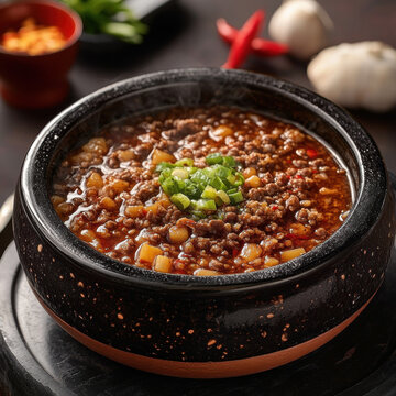 Hearty bowls of chili con carne and lentil vegetable stew served as a colorful and healthy meal