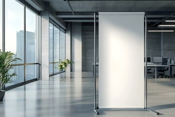 Blank Roll-Up Banner Placed Strategically Inside Contemporary Office Interior