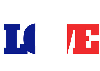 A graphic design featuring the letters L and E in bold, contrasting colors, and stylized shapes.