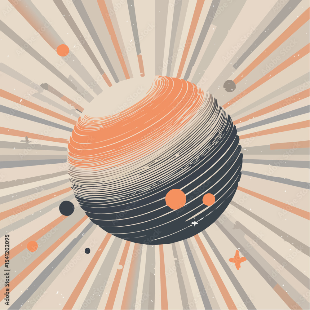 Poster a sharp vector featuring a bold sphere with cuts and shadows, in a clean retro color scheme.
