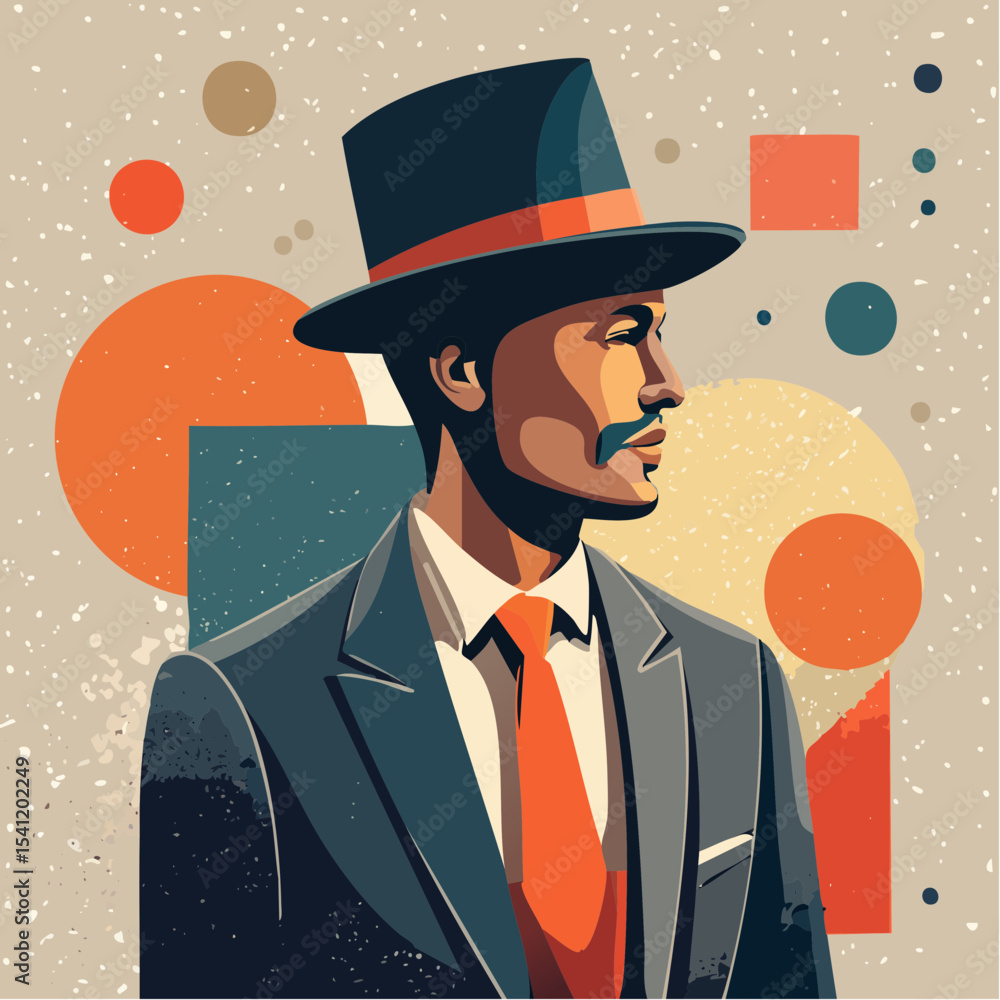 Poster a bold vector poster of a classic man in a bowler hat, with retro graphics and three-tone block styl