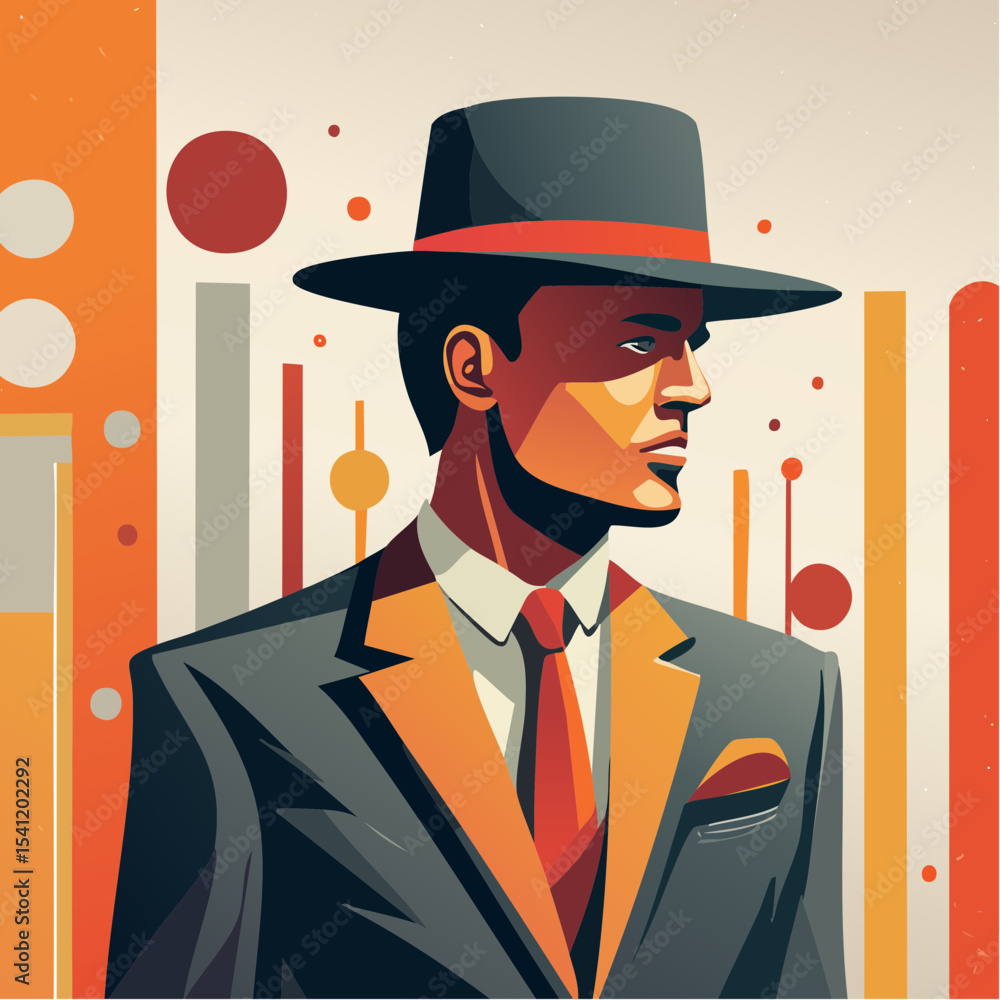 Poster a bold vector poster of a classic man in a bowler hat, with retro graphics and three-tone block styl